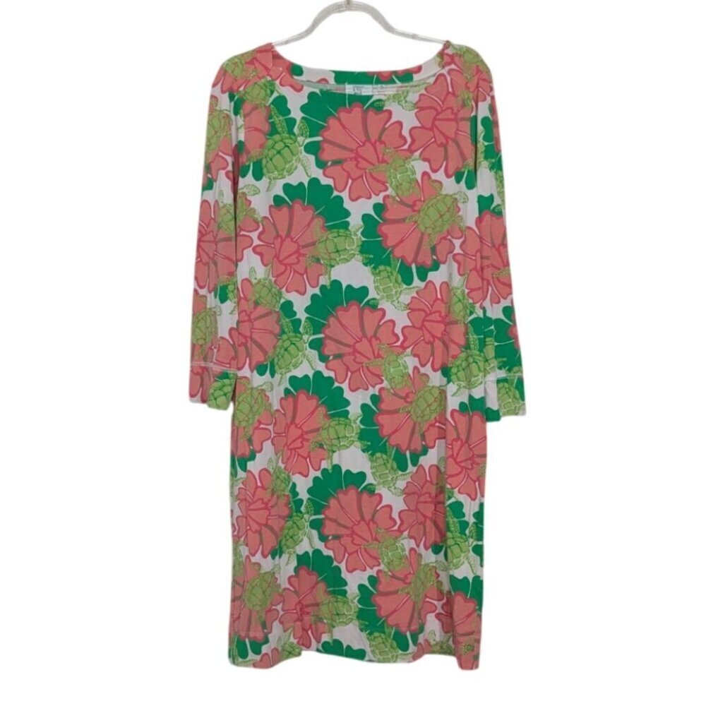 Crown & Ivy Beach Floral Dress Womens Size Medium White Sea Turtles 3/4 Sleeves